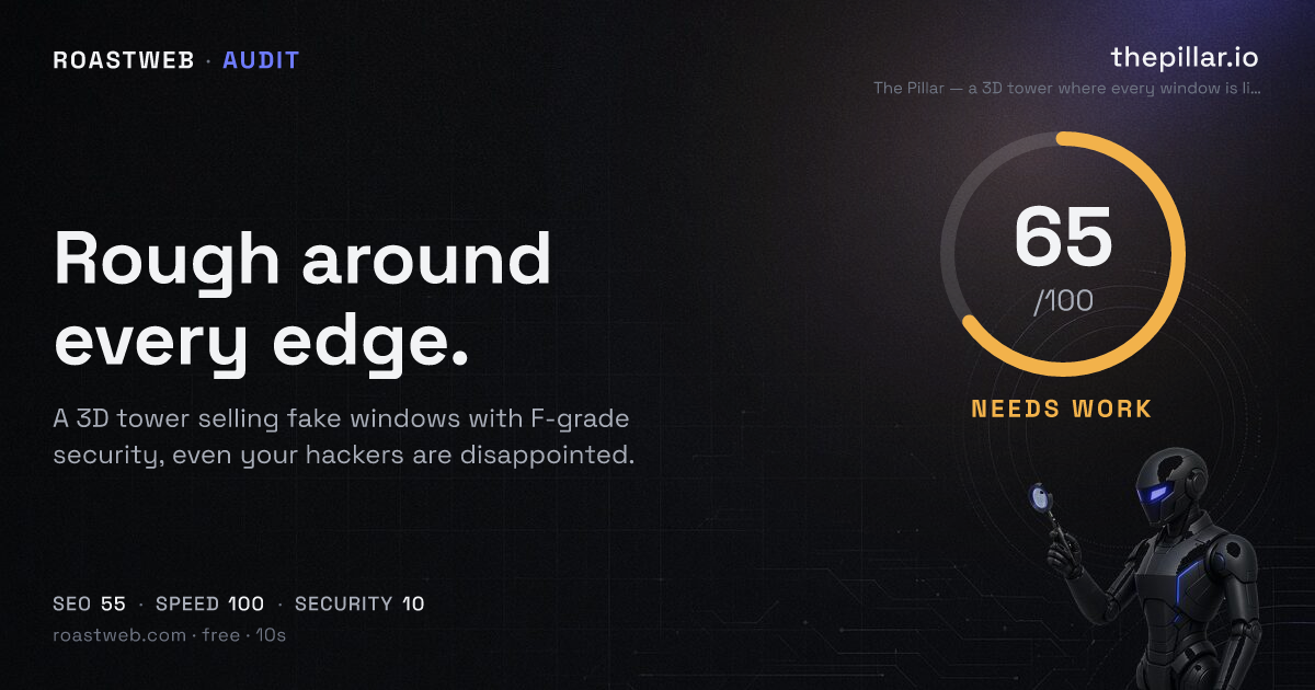 RoastWeb — thepillar.io scored 65/100 on their website audit. A 3D tower selling fake windows with…